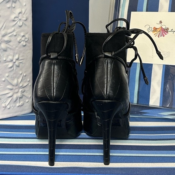 New black open croc animal print lace up high heel pointed pump boots - Picture 8 of 16